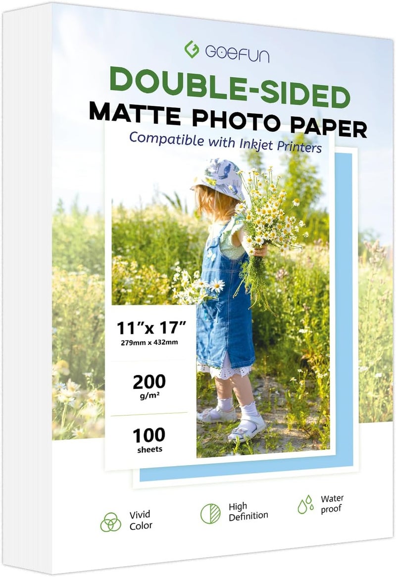 Goefun 11x17 Double Sided Photo Paper Matte, 200GSM/54LB Presentation Paper for Inkjet Printer, 100 Sheets - Image 1